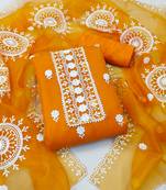 Women's yellow unstitched heavy thread embrodiery with embroidered dupatta organza dress material (m-cp9019ylw)