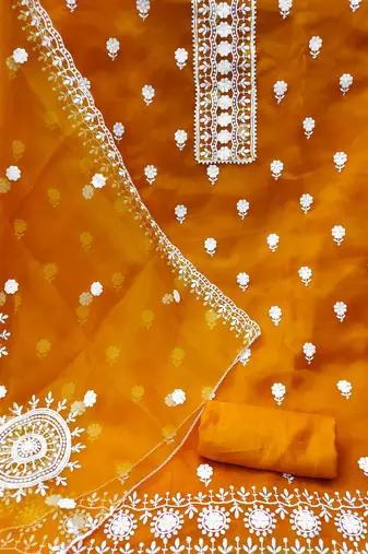 Women's yellow unstitched heavy thread embrodiery with embroidered dupatta organza dress material (m-cp9019ylw)