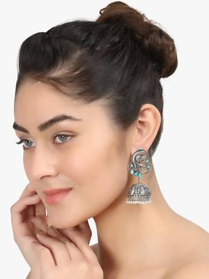 Women silver plated stone-studded dome shapped jhumka 1