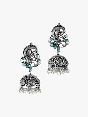Women silver plated stone-studded dome shapped jhumka 3