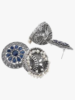 Women silver-plated blue stone-studded dome jhumka 2
