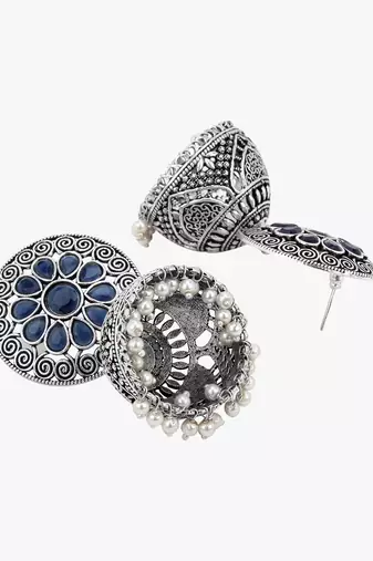 Women silver-plated blue stone-studded dome jhumka