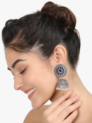Women silver-plated blue stone-studded dome jhumka 1