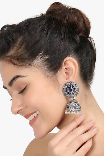 Women silver-plated blue stone-studded dome jhumka