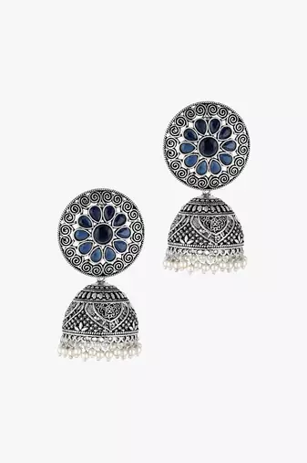 Women silver-plated blue stone-studded dome jhumka