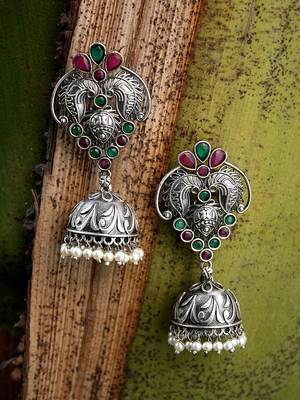 Women silver-plated pink-green stone-studded dome jhumka 1