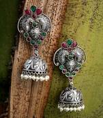 Women silver-plated pink-green stone-studded dome jhumka