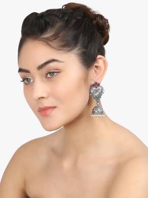 Women silver-plated pink-green stone-studded dome jhumka 2
