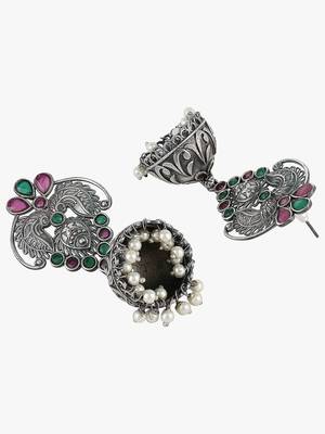 Women silver-plated pink-green stone-studded dome jhumka 3