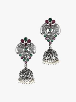 Women silver-plated pink-green stone-studded dome jhumka 4