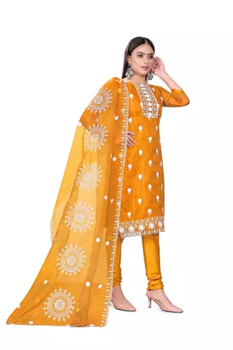 Women's yellow unstitched heavy thread embrodiery with embroidered dupatta organza dress material (m-cp9019ylw)