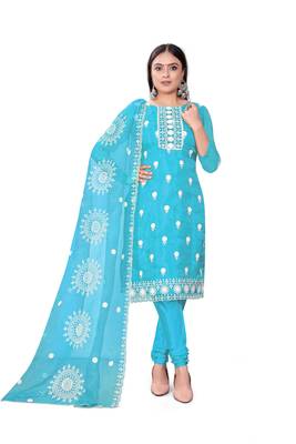 Women's sea green unstitched heavy thread embrodiery with embroidered dupatta organza dress material (m-cp9019sgn) 1