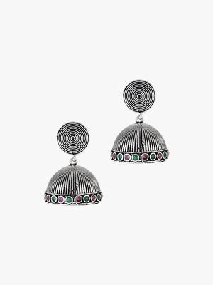 Women silver-plated pink-green stone-studded dome jhumka 2