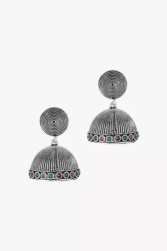 Women silver-plated pink-green stone-studded dome jhumka