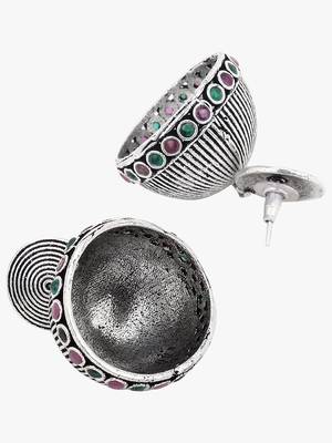 Women silver-plated pink-green stone-studded dome jhumka 3