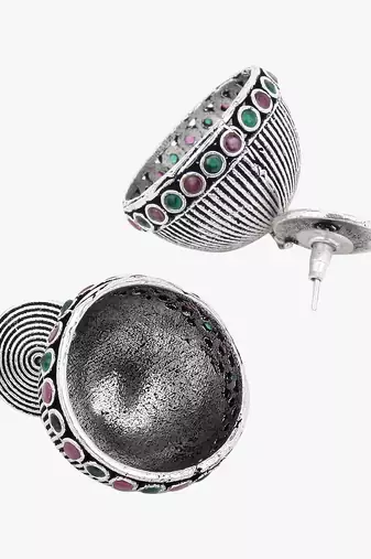 Women silver-plated pink-green stone-studded dome jhumka