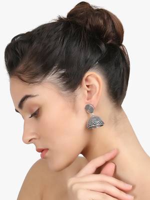 Women silver-plated pink-green stone-studded dome jhumka 1