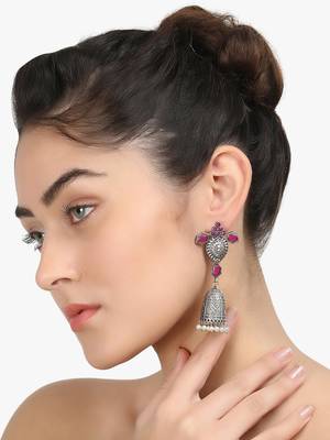 Women silver plated stone-studded dome shapped jhumka 1