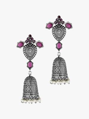 Women silver plated stone-studded dome shapped jhumka 2