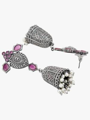 Women silver plated stone-studded dome shapped jhumka 3