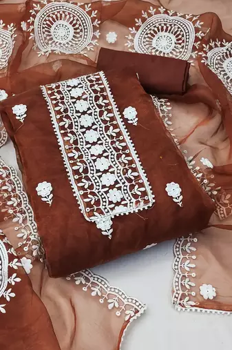 Women's rust unstitched heavy thread embrodiery with embroidered dupatta organza dress material (m-cp9019rst)