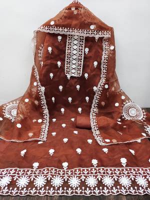 Women's rust unstitched heavy thread embrodiery with embroidered dupatta organza dress material (m-cp9019rst) 2