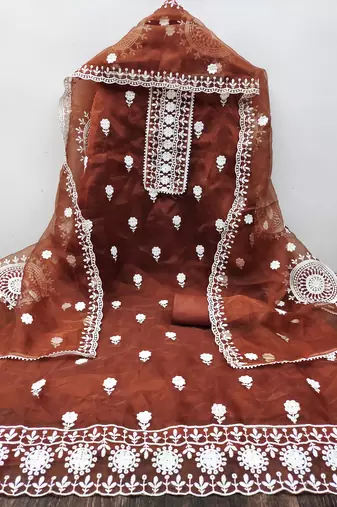 Women's rust unstitched heavy thread embrodiery with embroidered dupatta organza dress material (m-cp9019rst)