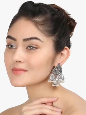 Women silver plated stone-studded oxidised jhumka 2