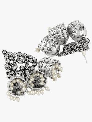 Women silver plated stone-studded oxidised jhumka 3