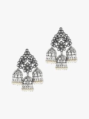 Women silver plated stone-studded oxidised jhumka 4