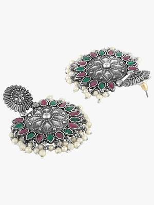 Women silver plated red and green stone-studded earing 3
