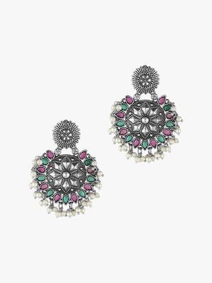 Women silver plated red and green stone-studded earing 4