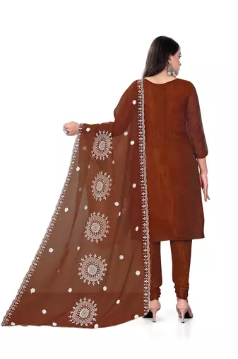 Women's rust unstitched heavy thread embrodiery with embroidered dupatta organza dress material (m-cp9019rst)