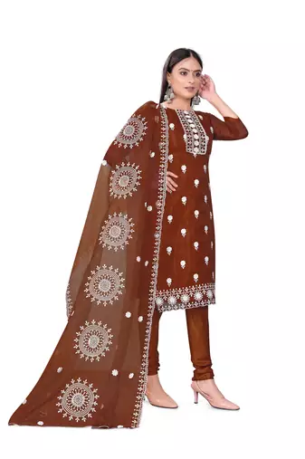 Women's rust unstitched heavy thread embrodiery with embroidered dupatta organza dress material (m-cp9019rst)