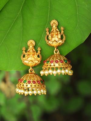 24ct gold-plated stone-studded temple shaped jhumkas 1
