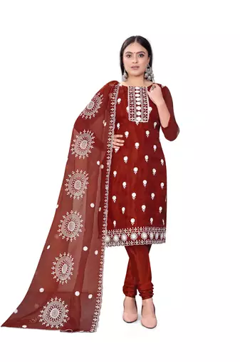 Women's maroon unstitched heavy thread embrodiery with embroidered dupatta organza dress material (m-cp9019mrn)