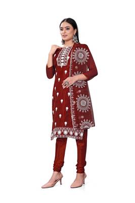 Women's maroon unstitched heavy thread embrodiery with embroidered dupatta organza dress material (m-cp9019mrn) 2