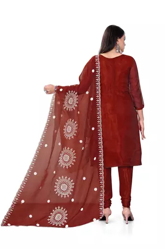 Women's maroon unstitched heavy thread embrodiery with embroidered dupatta organza dress material (m-cp9019mrn)