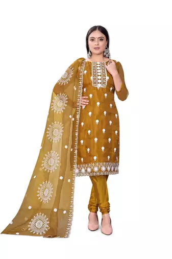 Women's mehandi unstitched heavy thread embrodiery with embroidered dupatta organza dress material (m-cp9019mnd)