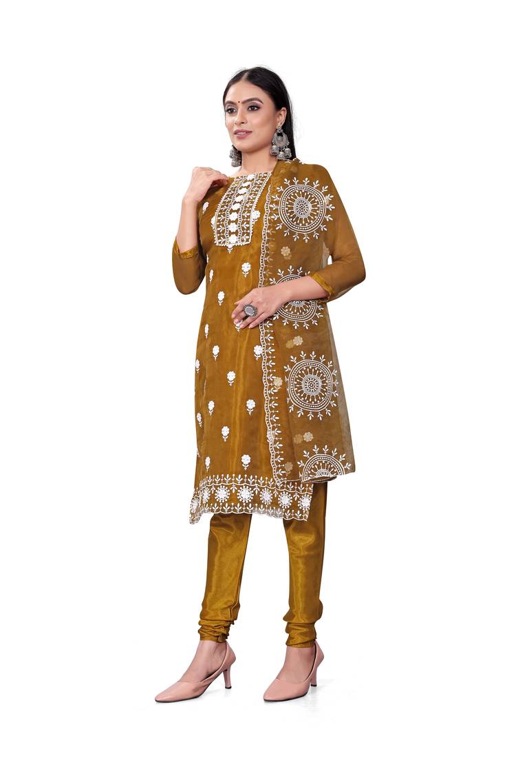 Women's mehandi unstitched heavy thread embrodiery with embroidered dupatta organza dress material (m-cp9019mnd)