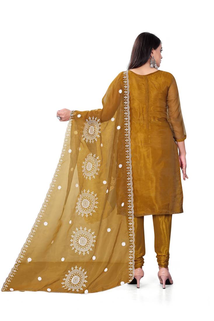 Women's mehandi unstitched heavy thread embrodiery with embroidered dupatta organza dress material (m-cp9019mnd)