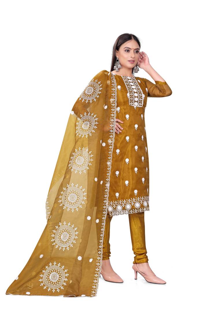 Women's mehandi unstitched heavy thread embrodiery with embroidered dupatta organza dress material (m-cp9019mnd)