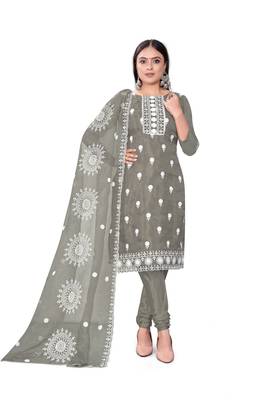 Women's grey unstitched heavy thread embrodiery with embroidered dupatta organza dress material (m-cp9019gry) 1