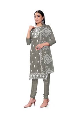 Women's grey unstitched heavy thread embrodiery with embroidered dupatta organza dress material (m-cp9019gry) 2