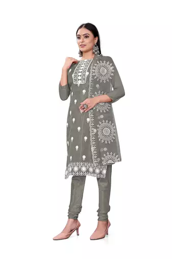 Women's grey unstitched heavy thread embrodiery with embroidered dupatta organza dress material (m-cp9019gry)