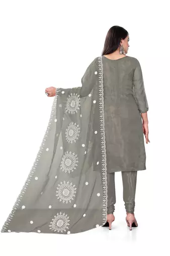 Women's grey unstitched heavy thread embrodiery with embroidered dupatta organza dress material (m-cp9019gry)