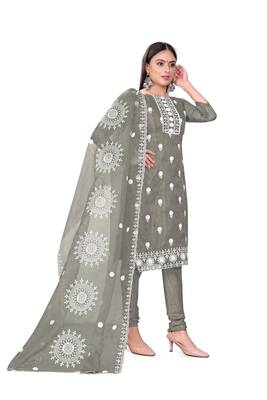 Women's grey unstitched heavy thread embrodiery with embroidered dupatta organza dress material (m-cp9019gry) 4