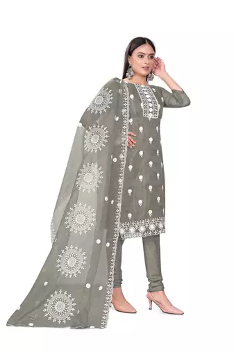 Women's grey unstitched heavy thread embrodiery with embroidered dupatta organza dress material (m-cp9019gry)