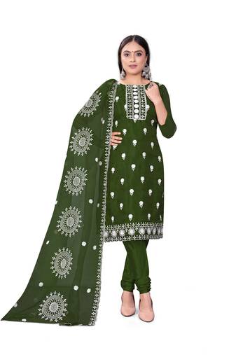 Women's dark green unstitched heavy thread embrodiery with embroidered dupatta organza dress material (m-cp9019dgn)