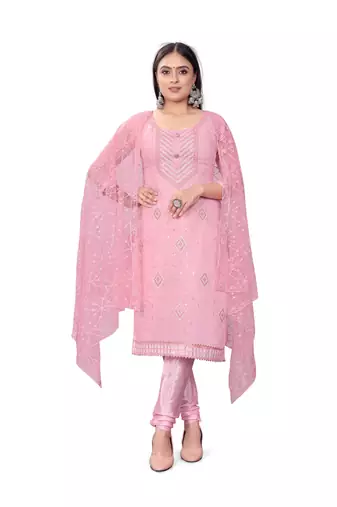 Women's pink unstitched heavy thread embrodiery sequence with dupatta chanderi cotton dress material (m-cp9017pnk)